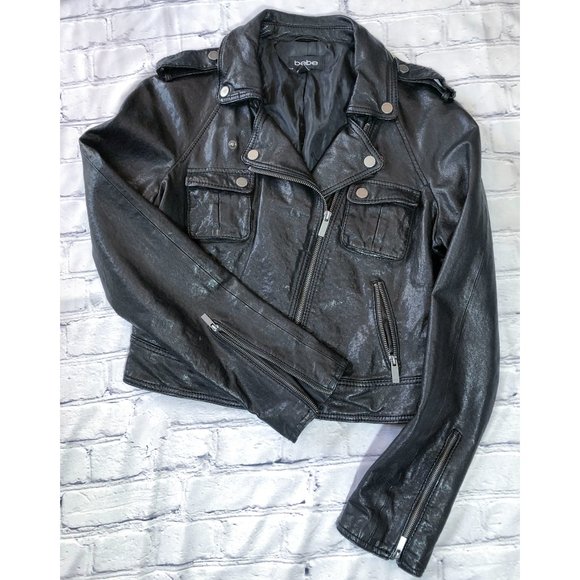 BEBE Genuine Leather Moto Style Jacket Black Size S - Picture 16 of 16